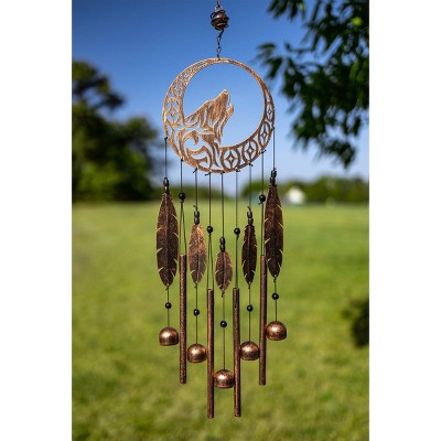 Rustic Copper Wolf Dreamcatcher Wind Chime with Feathers