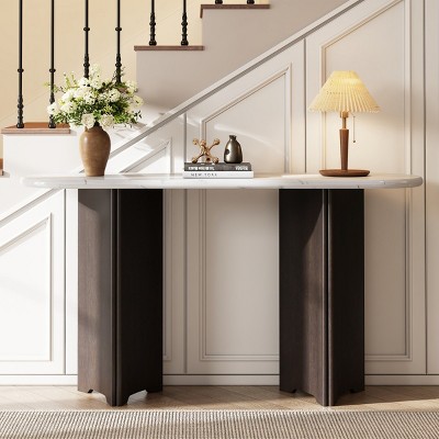 Narrow Console Accent Table,Table with Faux Marble Tabletop And Rubber Wood Legs,Oval Console Table For Living Room Hallway-Cuddlewood