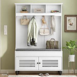 CAVINAS Hall Tree with Shoe Bench and Storage Shelves Modern Coat Rack with 4 Hooks for Foyer, Living - 1 of 4