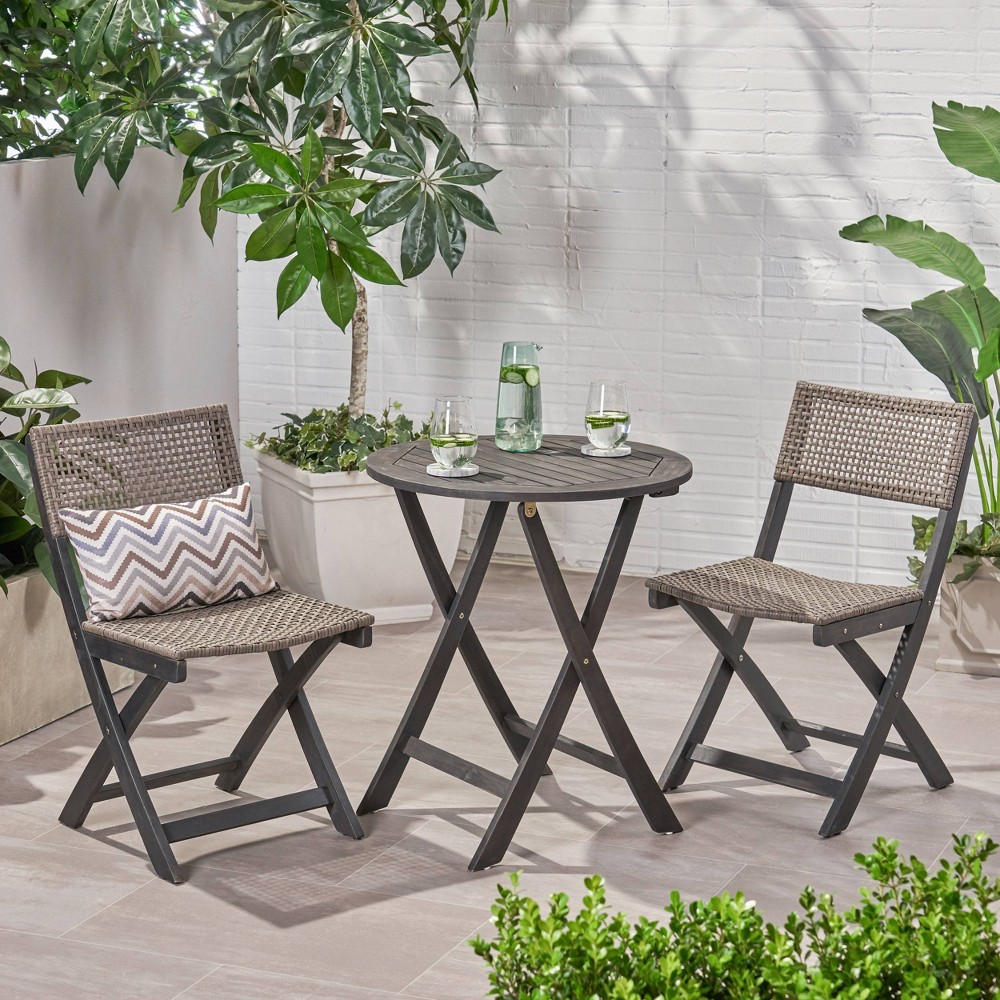 Photos - Garden Furniture Hillside 3pc Wood and Wicker Foldable Bistro Set Dark Gray/Brown - Christo