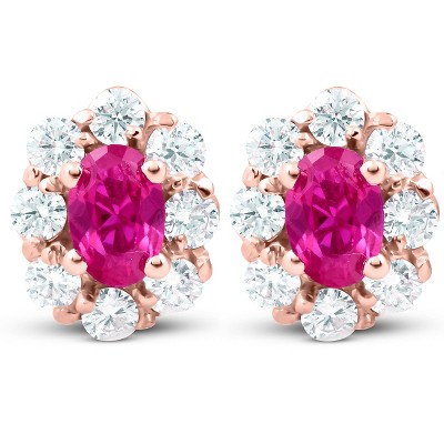 Pompeii3 3 Ct Pink Topaz & Diamond Halo Studs 14k Rose Gold