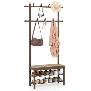 Costway Bamboo Coat Rack with Bench Shoe Storage 2 Hanging Rods 11 Hanging Hooks Shelves Brown/Beige - 1 of 4