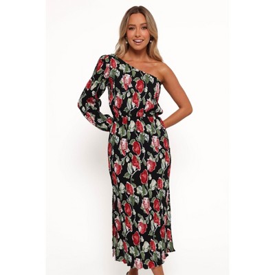 Petal and Pup Pontee One Shoulder Pleated Midi Dress - Black Rose Print M