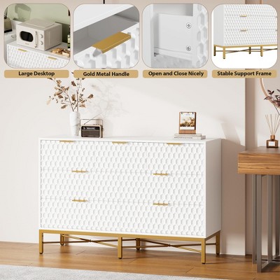 White 7-Drawer Dresser with Honeycomb Panels and Gold Metal Frame