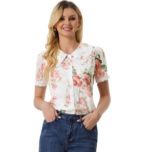 INSPIRE CHIC Women's Peter Pan Collar Lace Trim Embroidered Casual Floral Blouse - 1 of 4