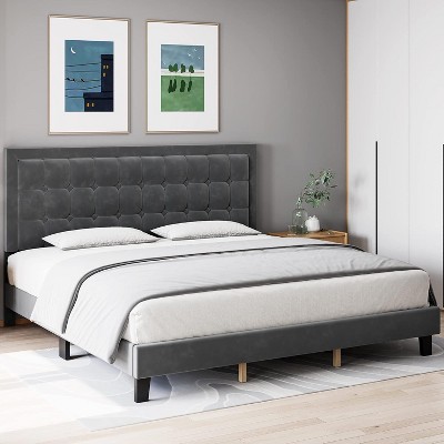 King Size Bed Frame, Adjustable Height Button Tufted Headboard, Wood Slat Support, No Box Spring Needed, Blue