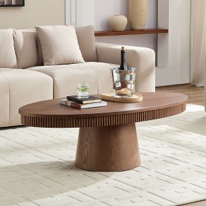 Sapphtopaz Modern Oval Coffee Table with Sturdy Pedestal Handcraft Drum Dining Table with Relief Groove&Wood Veneer Center Table for Living Room - 1 of 4