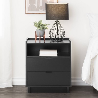 Simple Black 2 Drawer Modern Nightstand with Open Shelf