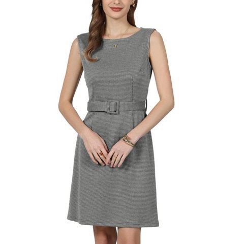 Женские платья INSPIRE CHIC Women's Plaid Houndstooth Belted Sleeveless Boat Neck 2026 Trendy Pencil Dresses Medium Black
