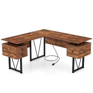 Tangkula 59" L-shaped Computer Desk w/ Charging Station Corner Desk Sturdy Metal Frame Brown - 1 of 4