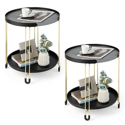 Tangkula 2PCS 2-Tier Side End Table Round Nightstand Gold Frame for Living Room Bedroom