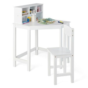 Costway Kids Corner Desk & Chair Set Wooden Study Writing Workstation with Storage & Hutch - 1 of 4