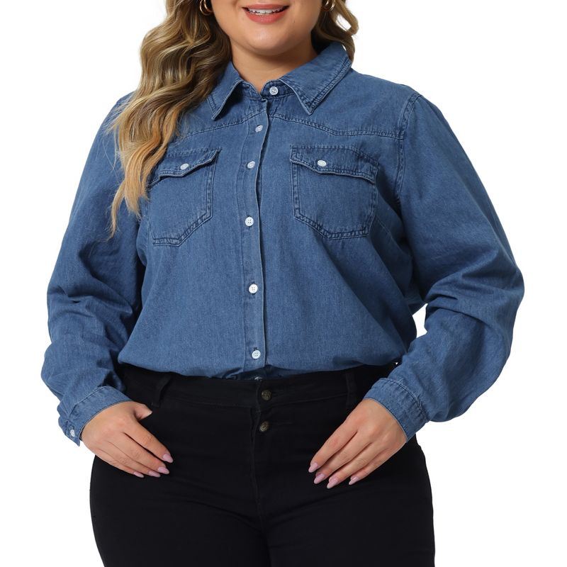 Agnes Orinda Women's Plus Size Denim Long Sleeve Button Down Jean Pockets Shirts, 2 of 6