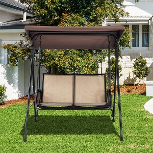 Costway 2 Seat Patio Porch Swing with Adjustable Canopy Storage Pockets  Brown - 1 of 4