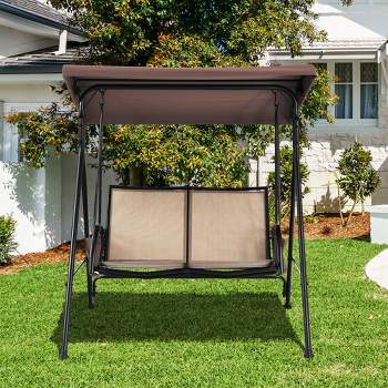 Costway 2 Seat Patio Porch Swing with Adjustable Canopy Storage Pockets  Brown