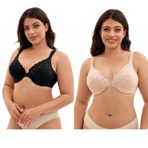 INSPIRE CHIC 2 Pcs Women's Front Closure Lace Trim Underwire Adjustable Straps Plunge Bras - 1 of 4