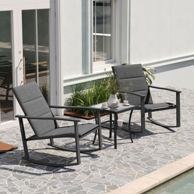 Merrick Lane 3 Piece Outdoor Bistro Set with Flex Comfort Rocking Chairs and Steel Framed Glass Top Table, 5 of 13