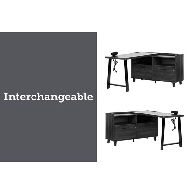 Gray Oak L-Shaped Computer Desk with Power Outlet and Filing Cabinet