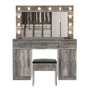 Gray Linen Particleboard with Triamine 3 Drawers, 2 Doors, with 12 Tri-color Dimmable Light Bulbs, Rows of Plugs, Glass-topped Vanity Table Set - 3 of 4