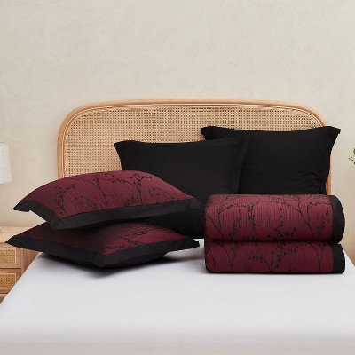 HIG 7-Piece Burgundy Jacquard Bed in a Bag, Queen Size Comforter Set with Floral Tree Branch Patchwork Design, Euro Shams & Window Panels — фото 4
