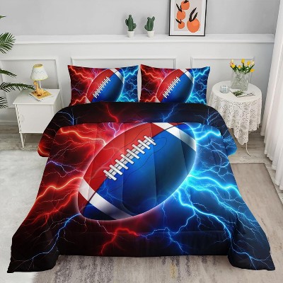 Rugby Comforter Set Full Size – 3Pcs Red Blue American Football Bedding, Sports Theme Quilt Set for Boys Kids Adults with 2 Pillowcases