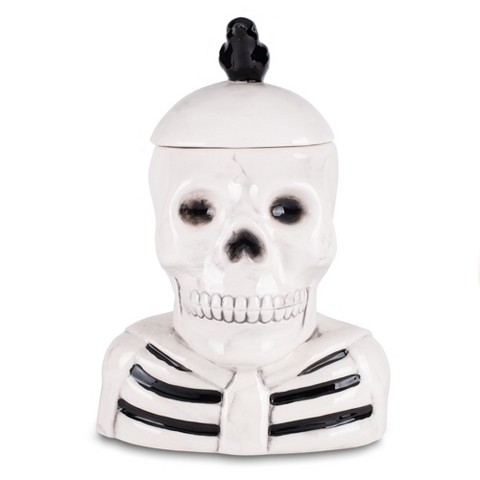 100 North Dolomite Ceramic 12 inch Halloween Cookie Jar with Airtight Lid: Kitchen Canisters, Pet Treat Containers & Fall Candy Dish, Skeleton & Crow