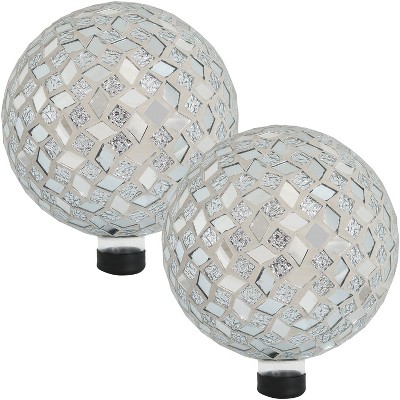 Sunnydaze Indoor/Outdoor Mirrored Diamond Mosaic Gazing Globe Ball for Lawn, Patio or Indoors - 10" Diameter - Silver - 2-Pack