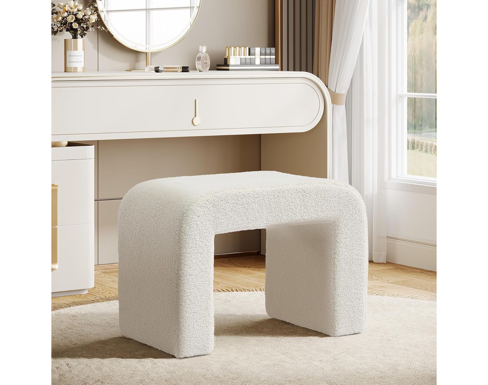Tribesigns Modern Vanity Stool, Upholstered Ottoman, Arched Sofa Footrest for Living Room, Shoe Stool for Entryway, Fully Assembled