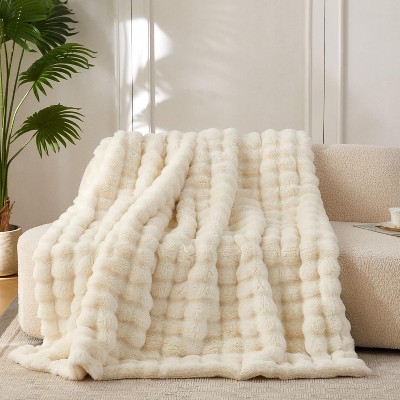 Attop Faux Fur Throw Blanket for Couch, Cozy Soft and Fuzzy Plush Rabbit Fur Bubble Blanket for Sofa Bedroom Living Room