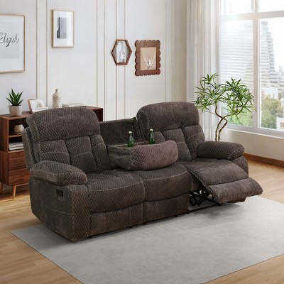 MAYEERTY Reclining Sofa, 3-Seat Non-Pilling Breathable Fabric Recliner with Flip-Up Cup-Holder Board for Living Room, Brown