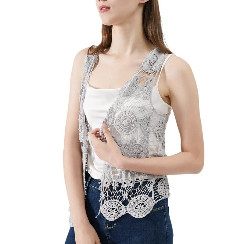 Anna-Kaci Women's Floral Crochet Open Front Vest, 1 of 5