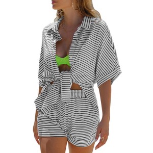 EXLURA Womens Summer 2 Piece Sets Casual Short Sleeve Striped Shirts Shorts Matching Sets Vacation Cruise Beach Outfits 2025 - 1 of 4