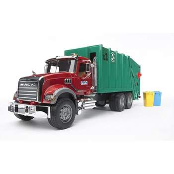 Bruder MACK Granite Garbage Truck, Ruby Red Cab, Green Garbage Box