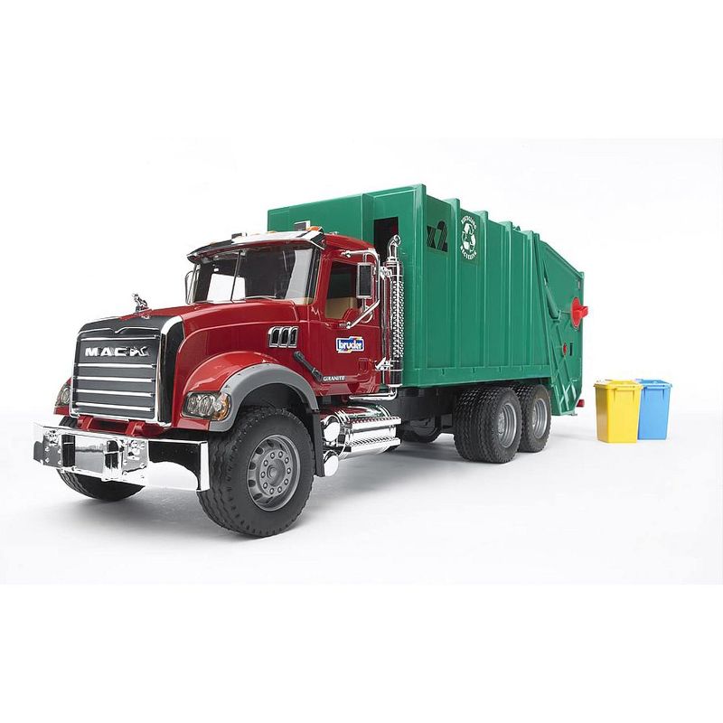 Bruder MACK Granite Garbage Truck, Ruby Red Cab, Green Garbage Box, 1 of 8