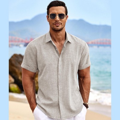 COOFANDY Men's Linen Short Sleeve Casual Button Down Beach Summer Wedding Shirt