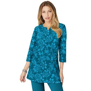 Roaman's Plus Size Three-Quarter Sleeve Notch Neck Soft Knit Tunic - 1 of 4