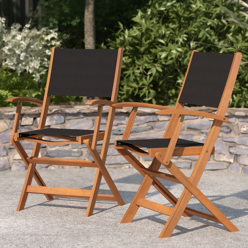 Merrick Lane Set of 2 Indoor/Outdoor Acacia Wood Folding Patio Bistro Armchairs with Black Textilene Mesh Back and Seat, Natural, 5 of 13