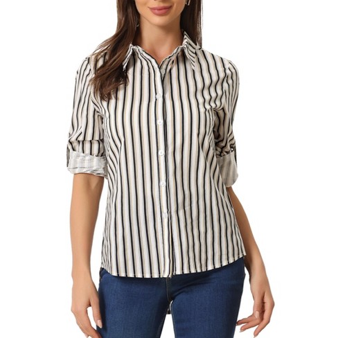 Allegra K Women's Striped Button Down Roll-up Long Sleeves Point Collar ...