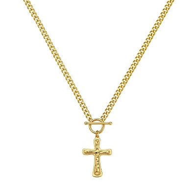 Molenia Hammered Gold Cross Necklace, 14K Gold Christian Pendant, 925 Sterling Silver T Bar Chain, Baptism Confirmation Gift for Men Girl Godchild
