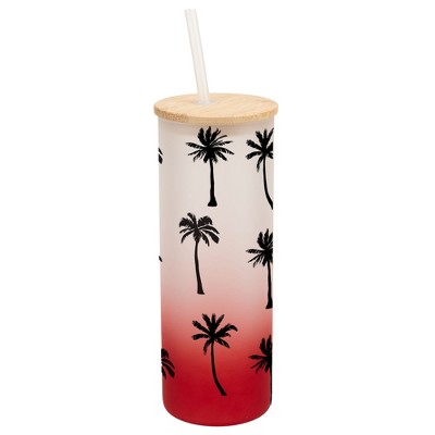 Elanze Designs Palm Tree Ocean Beach Life Wrap-Around Design 25 Ounce Frosted Gradient Glass On-The-Go Coffee Travel Skinny Tumbler Mug Cup, Bamboo