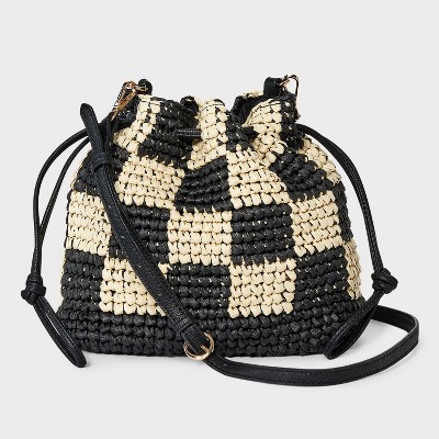 Straw Checker Drawstring Crossbody Bag - Universal Thread™ Black