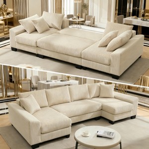 114" U Shaped Convertible Sleeper Sofa Pull Out Bed Corduroy Upholstery Adjustable Back Modern Lounger with 4 Back Cushion and 2 Pillows - 1 of 4