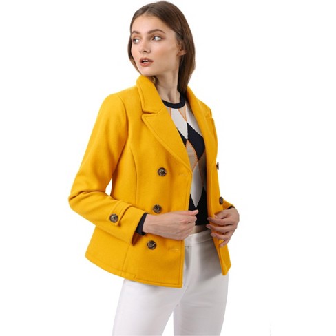 Womens Casual Fit Long Sleeve Pea Coat, Womens Mustard Pea Coat
