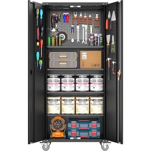 Garage Storage Cabinet with Wheels & Pegboard, 72" H Locking Metal Storage Cabinet with 2 Doors & 4 Adjustable Shelves for Garage Workshop - 1 of 1