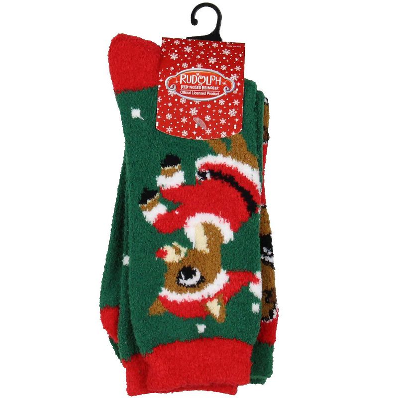 Rudolph The Red Nosed Reindeer Christmas Adult Fuzzy Plush Crew Socks 2 Pack Multicoloured, 4 of 5