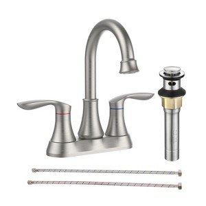 Cobbe Bathroom Faucet Brushed Nickel with Pop-up Drain & Supply Hoses Two-Handle 360 Degree High Arc Swivel Spout Centerset 4 Inch Vanity Sink Faucet - 1 of 4