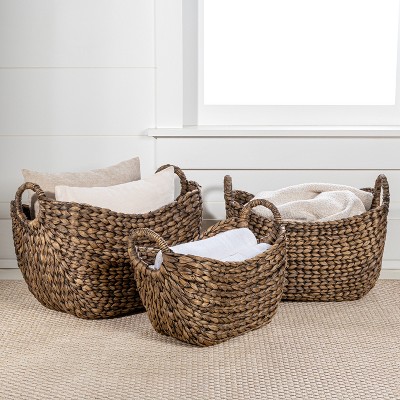 Nellie Brown Handwoven Hyacinth Boat Storage Baskets with Handles, Set of 3