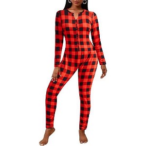Ekouaer Womens Onesie Adult Button One Piece Pajama Long Sleeve Onesie Pajamas Jumpsuit Sleepwear for Women - 1 of 2