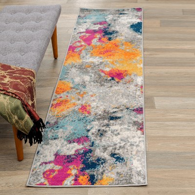 Multi-Color Abstract Synthetic Runner Rug, 2' x 7'