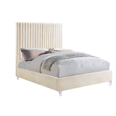 Beige Velvet Upholstered Queen Bed with Tufted Headboard and Slats
